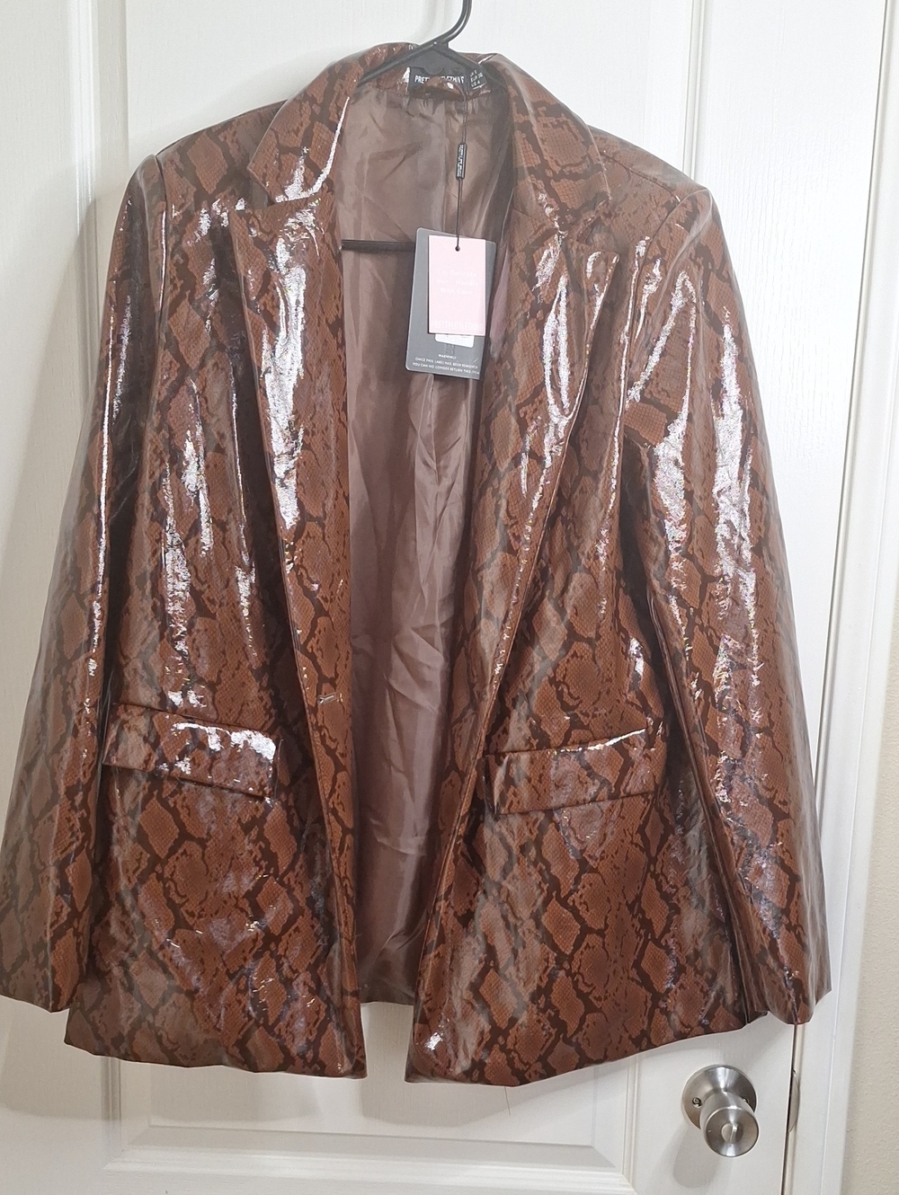 Pretty Little Thing Women's Brown Snake-Print Patent Blazer